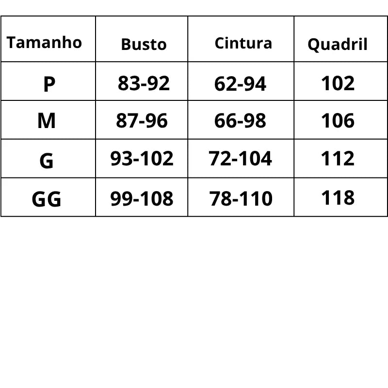 Tabela de medidas Pijama Diva Retrô do P ao GG