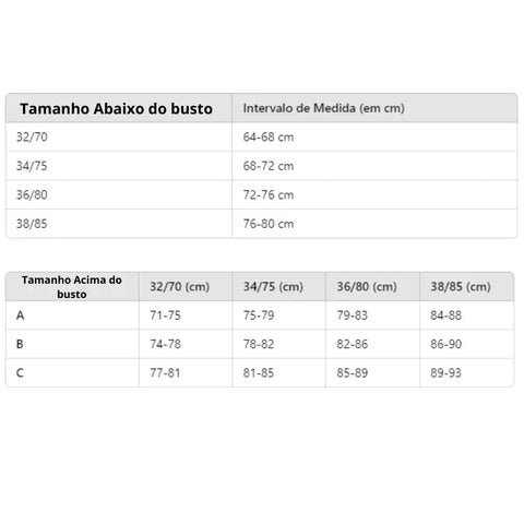 imagem fornece uma tabela de medidas de reforço, incluindo o tamanho abaixo do busto e o intervalo de medidas correspondentes em centímetros