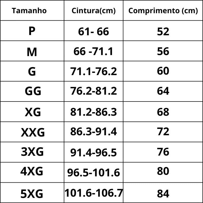 A imagem apresenta uma tabela com os tamanhos disponíveis de uma peça de roupa, incluindo as respectivas medidas de cintura e comprimento.