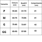 Tabela de medidas completa com tamanhos P ao GG, inclui cintura, quadril e comprimento para ajuste perfeito.