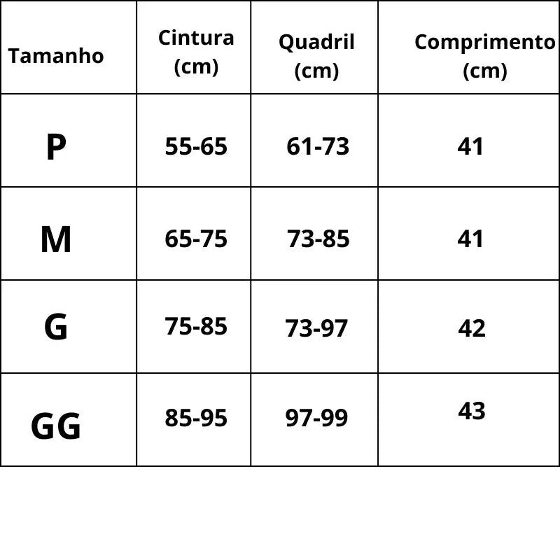 Tabela de medidas completa com tamanhos P ao GG, inclui cintura, quadril e comprimento para ajuste perfeito.