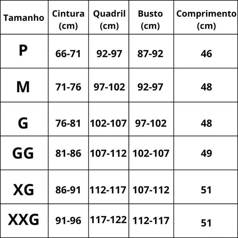 Tabela de Medidas Body Modelador CurveSlim 2 em 1