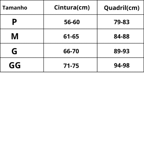 Tabela de medidas do P ao GG calcinha elegance