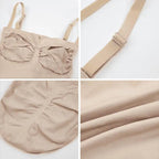 Body modelador bege com alças ajustáveis e tecido compressão suave, detalhes em drapeado