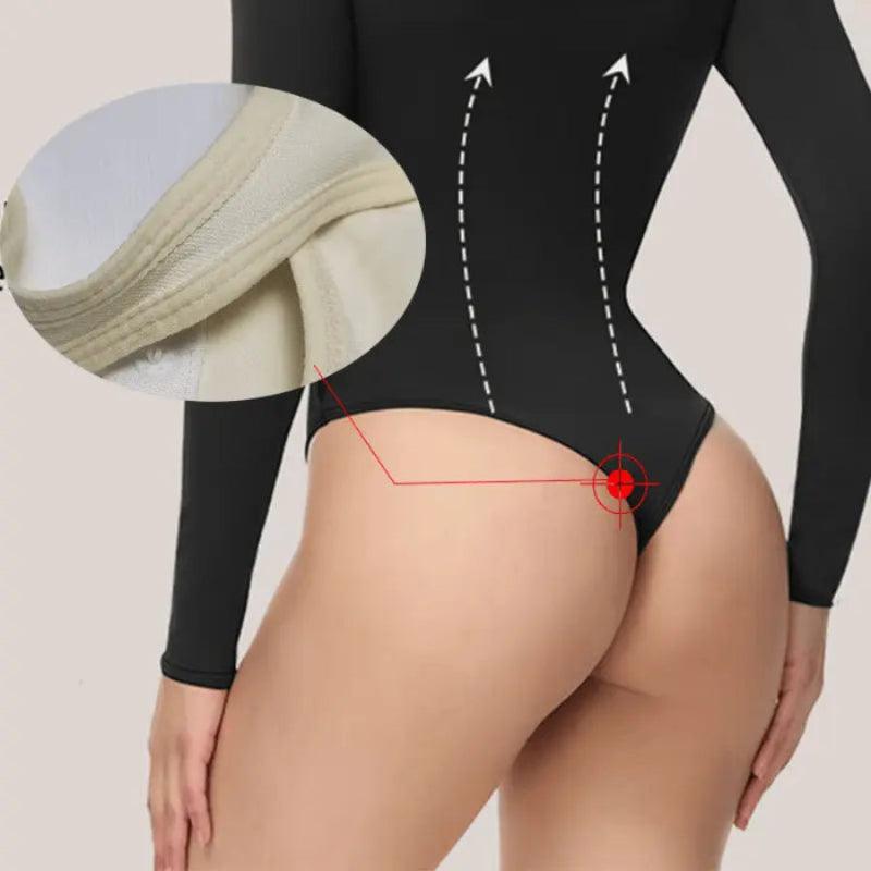 Body modelador preto com mangas longas e detalhe de forro interno, efeito redutor e levanta bumbum para modelagem corporal