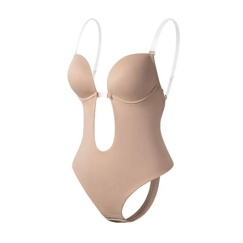 Body modelador bege com alças transparentes e recorte frontal, ideal para ajuste perfeito.